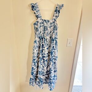 The Drop Kimi Ruffled Shoulder Smocked Midi Dress Blue Floral Sz L EUC